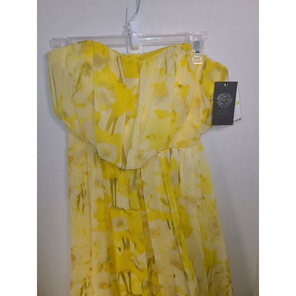 Vince Camuto BNWT Womens Yellow Floral Print Strapless Hi-Low Halter Dress Sz 4